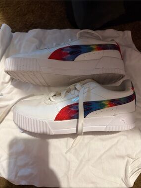 Puma Kids White Sneakers with Rainbow and Red Accent